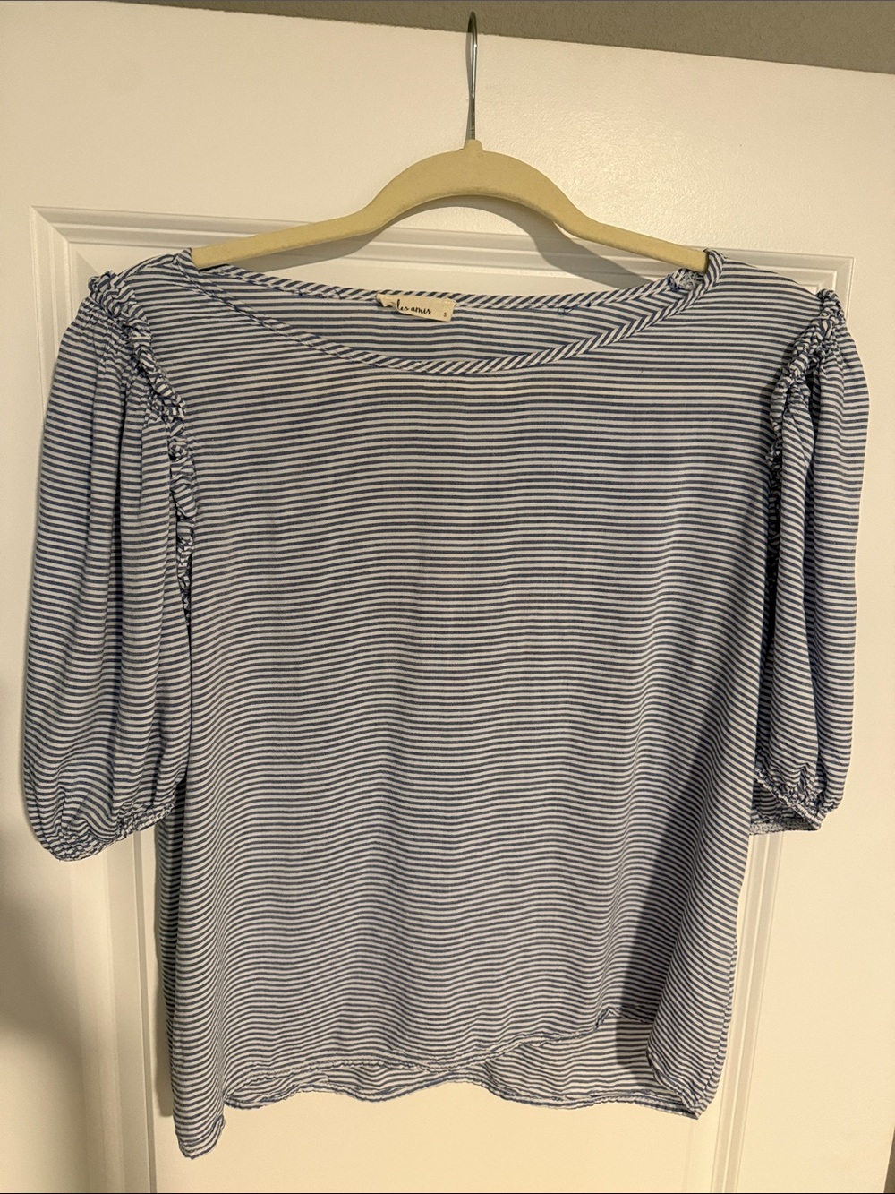 Striped Puff-Sleeve Blouse in Light Blue and White